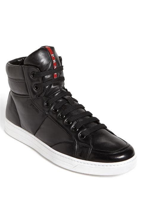 black and white high top prada sneakers|Prada high top designer sneakers.